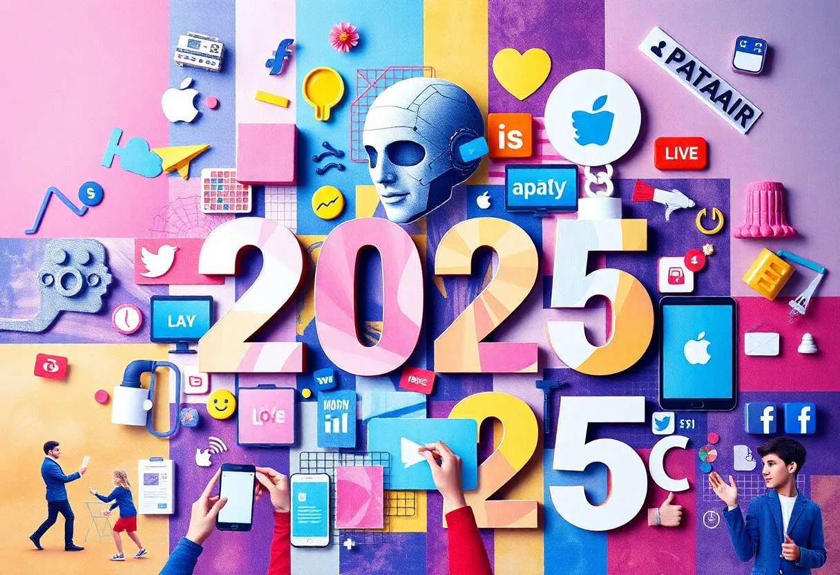 A collage representing future social media trends including AI and creative disruption.