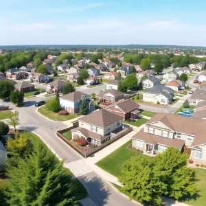 Panoramic view of a suburban neighborhood in Southeast Michigan with various homes