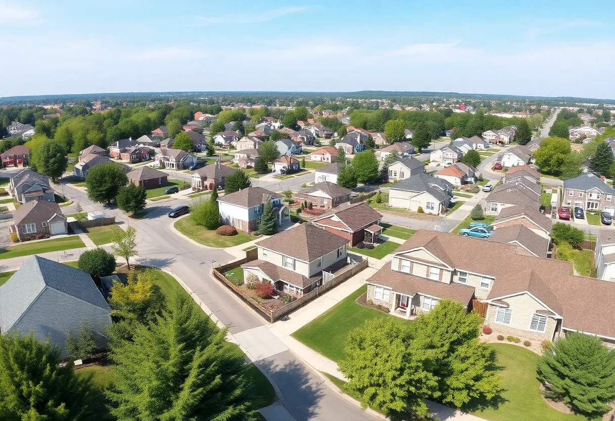 Panoramic view of a suburban neighborhood in Southeast Michigan with various homes