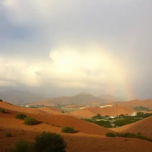 Rain clouds gathering over Southern California hills with firefighters at work