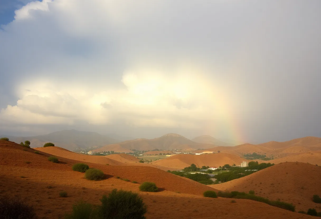 Rain clouds gathering over Southern California hills with firefighters at work