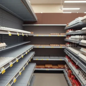 Empty shelves of eggs at a Michigan grocery store