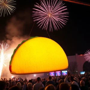 Giant Taco Bell taco being lowered at midnight during Taco Drop in Tucson, Arizona.
