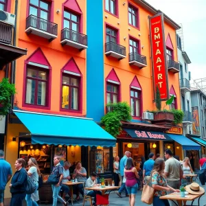 Vibrant street scene of Tally Hall in Ann Arbor during the 1980s