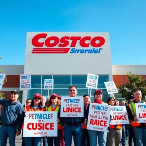 Workers picketing outside a Costco store