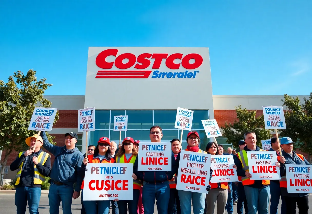 Workers picketing outside a Costco store