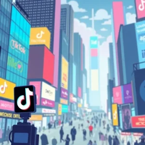 Illustration depicting a vibrant city with social media icons representing the TikTok bidding war.