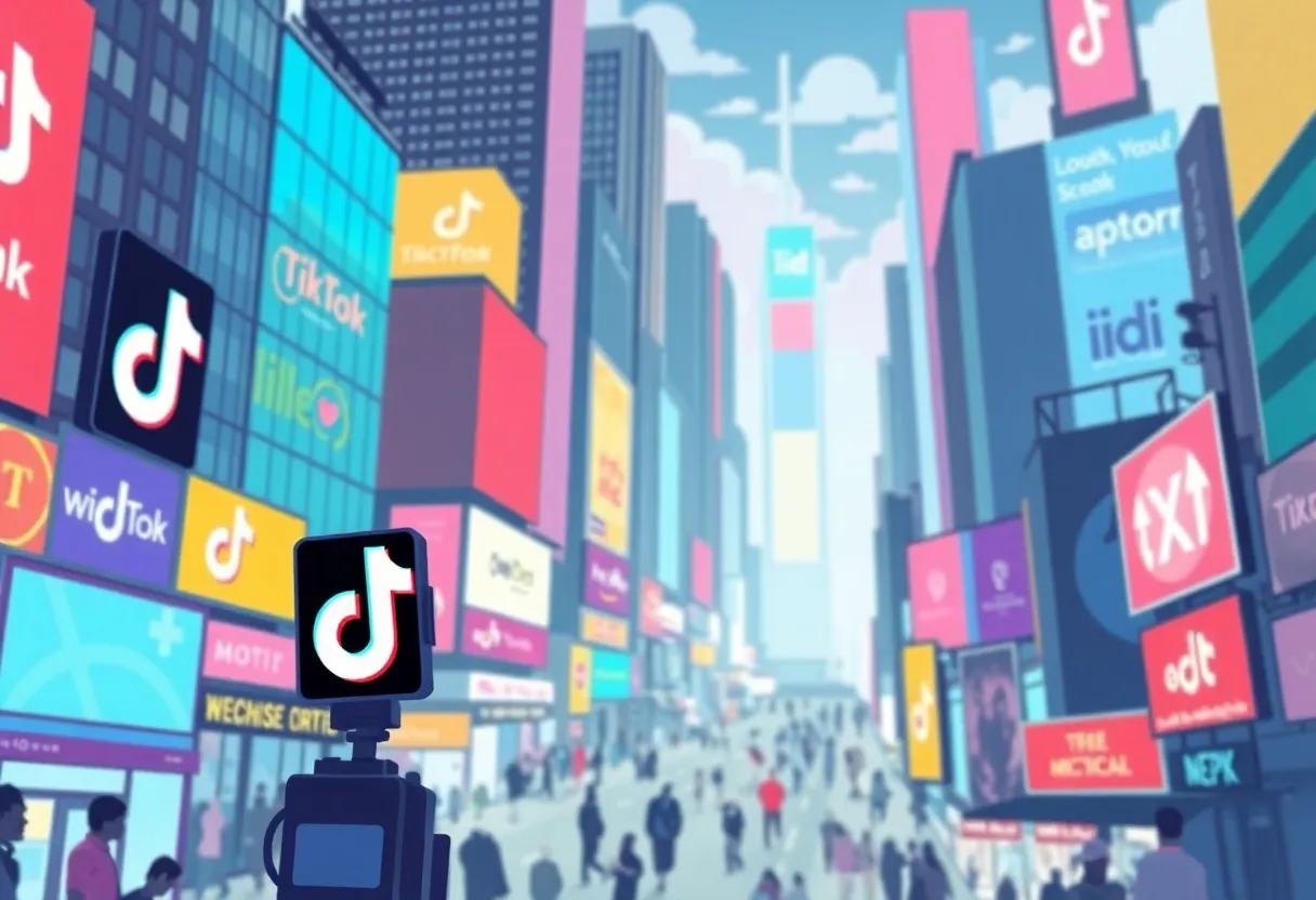 Illustration depicting a vibrant city with social media icons representing the TikTok bidding war.