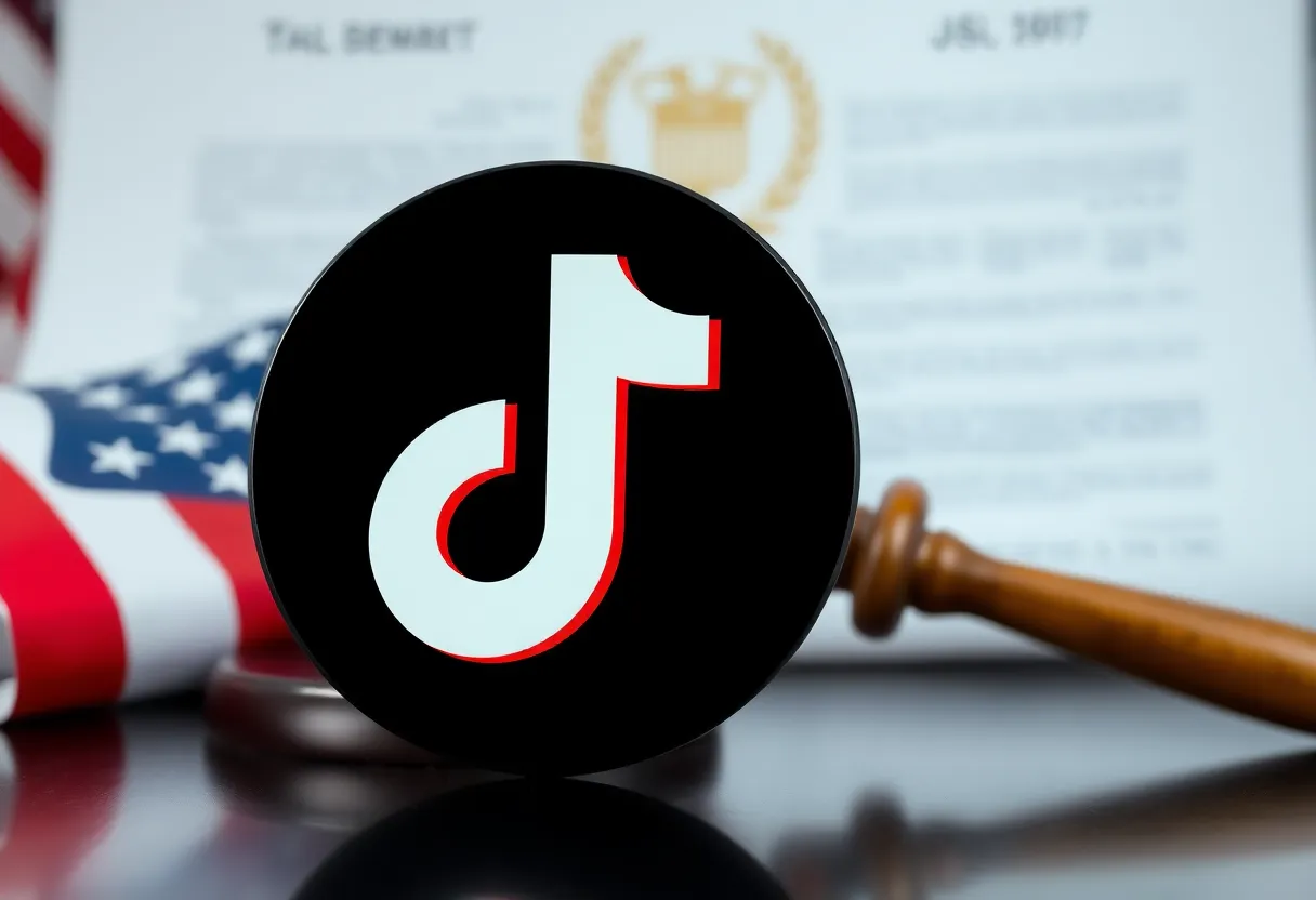 Illustration of TikTok logo with legal symbols and U.S. flag