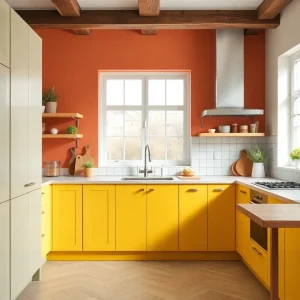 A modern kitchen with trendy paint colors for 2025, including sage green, terracotta, and mustard yellow.