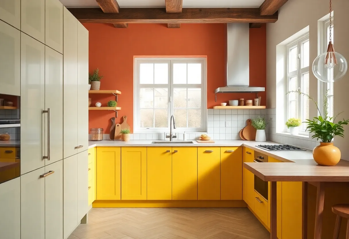 A modern kitchen with trendy paint colors for 2025, including sage green, terracotta, and mustard yellow.