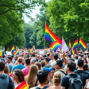 Participants celebrating at Twin Cities Pride Festival with colorful flags and banners.