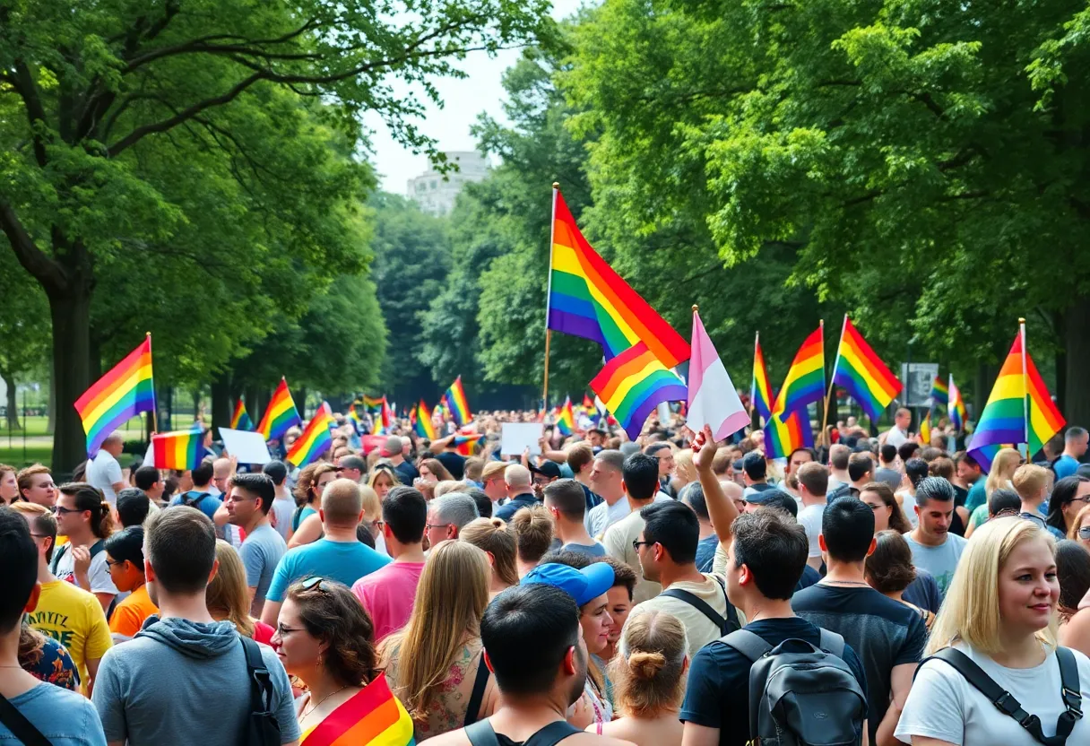 Participants celebrating at Twin Cities Pride Festival with colorful flags and banners.