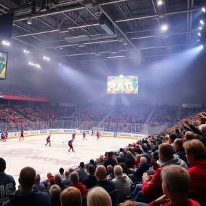 Exciting college hockey match in Minneapolis with players on ice and cheering fans