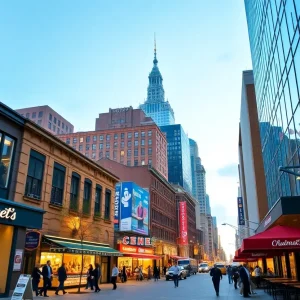 A vibrant city street depicting consumer spending with various shops and restaurants.