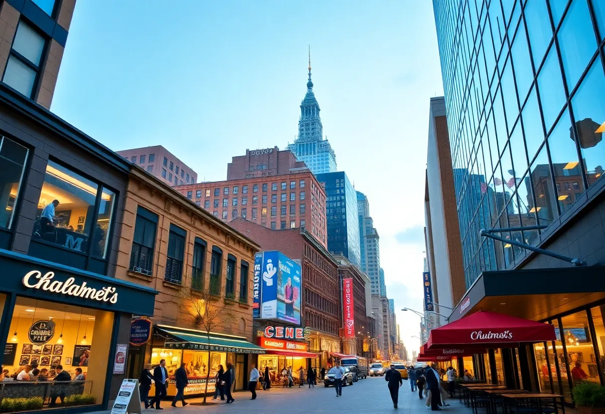 A vibrant city street depicting consumer spending with various shops and restaurants.