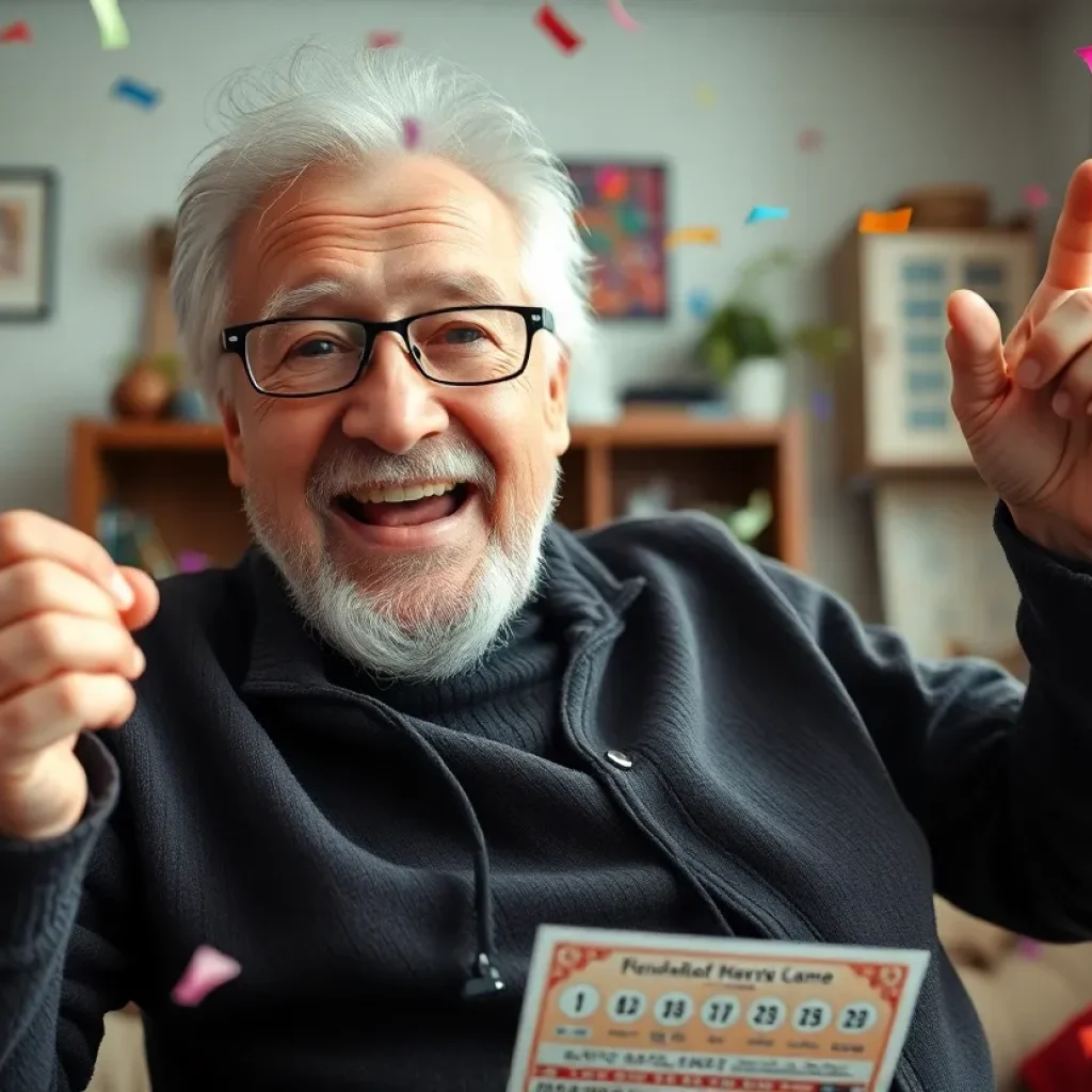 Elderly man celebrating lottery win with ticket and confetti