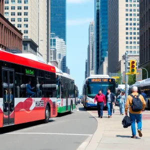 Buses and pedestrians in a Wayne County transit area