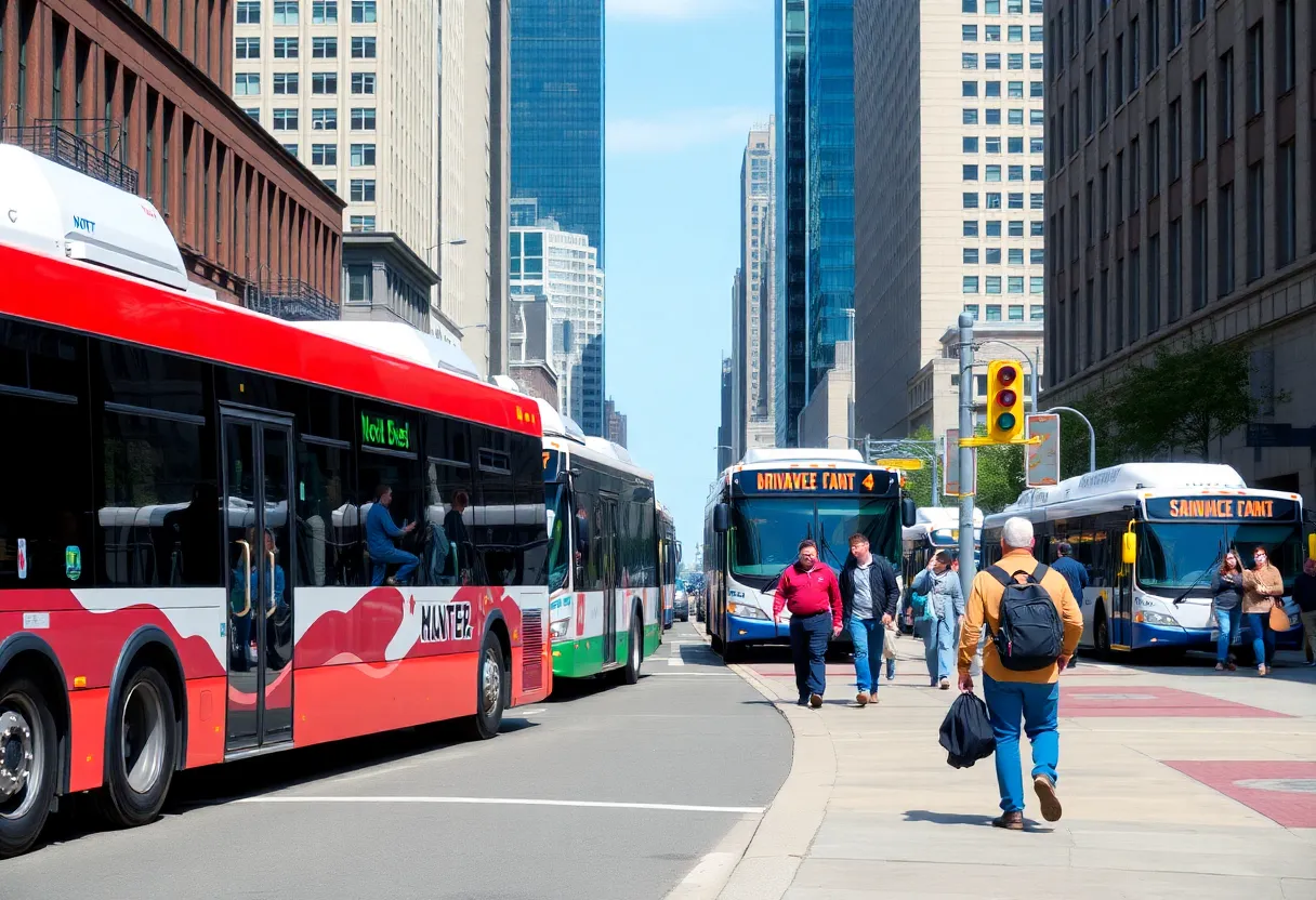 Buses and pedestrians in a Wayne County transit area