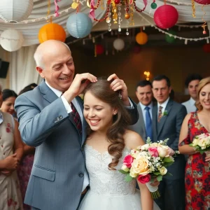 A funny scene from a wedding comedy with a father styling his daughter's hair.