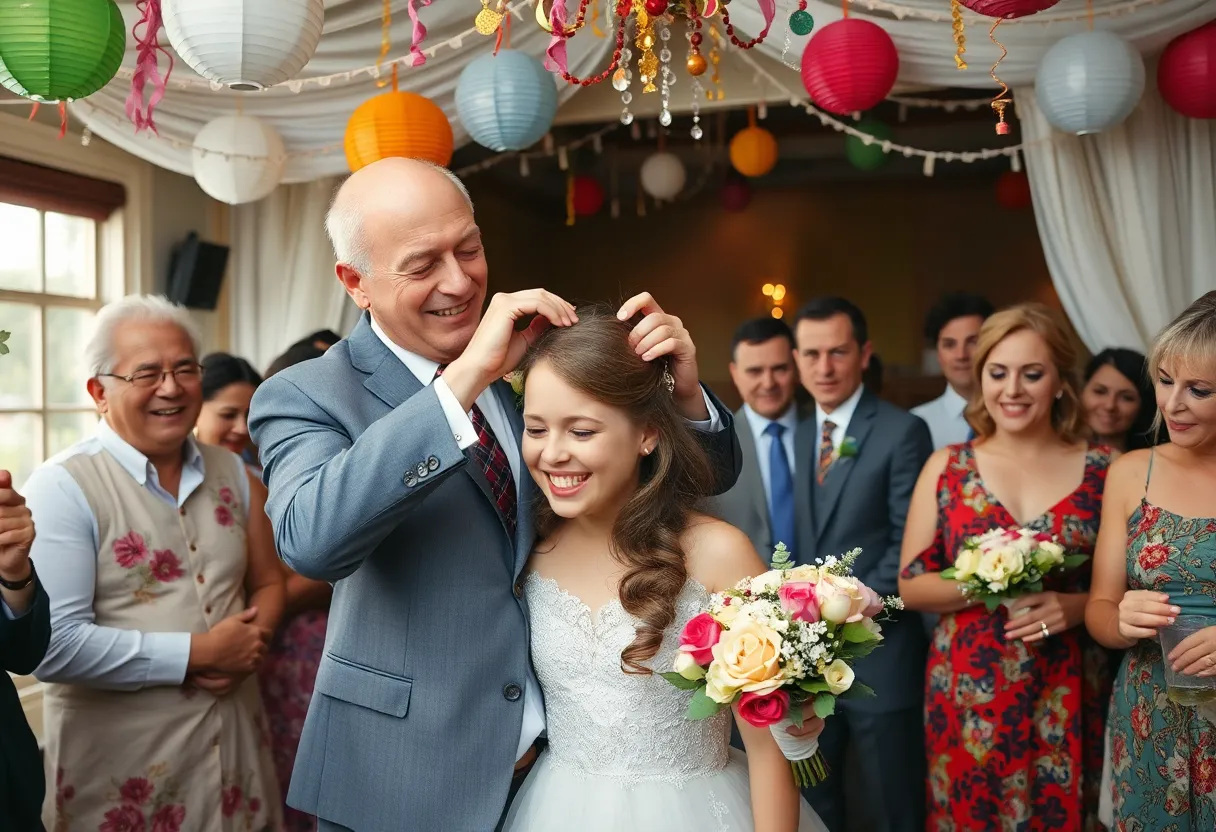 A funny scene from a wedding comedy with a father styling his daughter's hair.