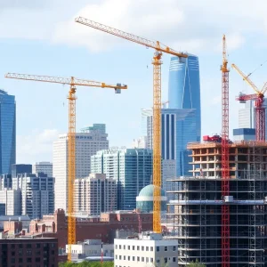 Construction site in West Michigan showcasing cranes and workers