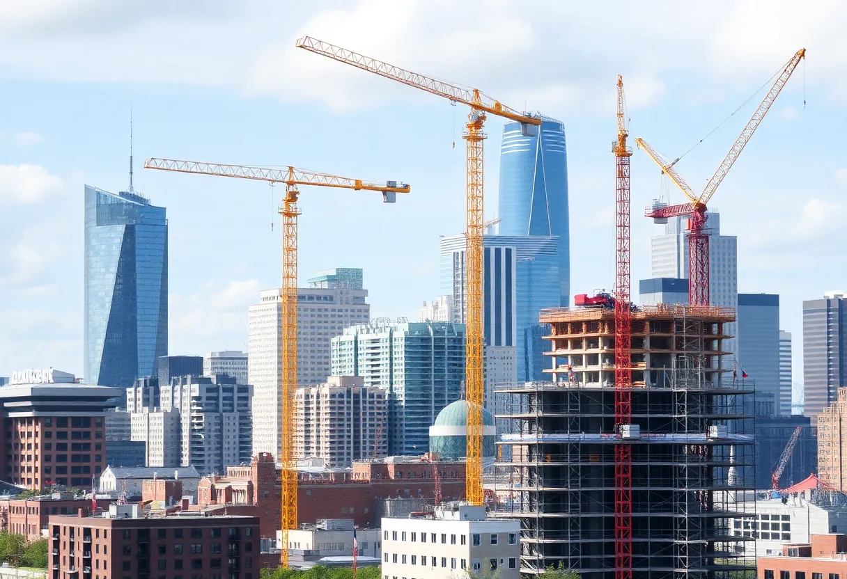 Construction site in West Michigan showcasing cranes and workers