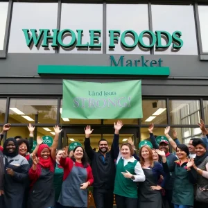 Employees celebrating unionization outside Whole Foods Market in Philadelphia.