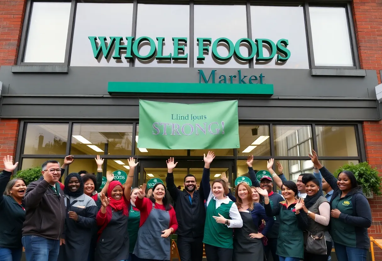 Employees celebrating unionization outside Whole Foods Market in Philadelphia.