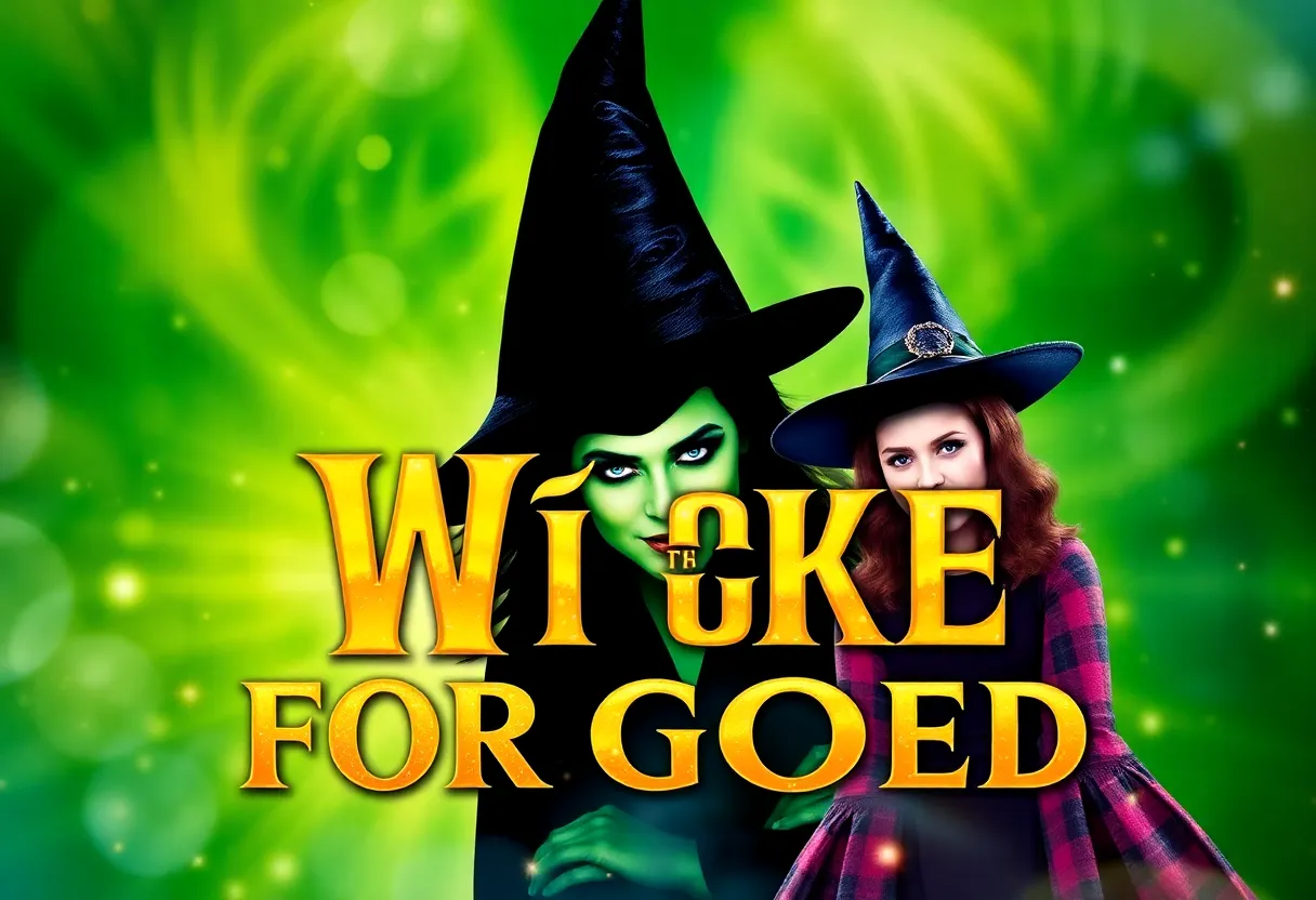 Promotional poster for the Wicked sequel, displaying magical elements and characters.