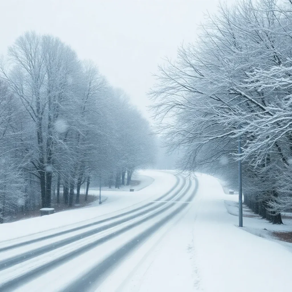 Snow-covered street in Metro Detroit during winter weather advisory