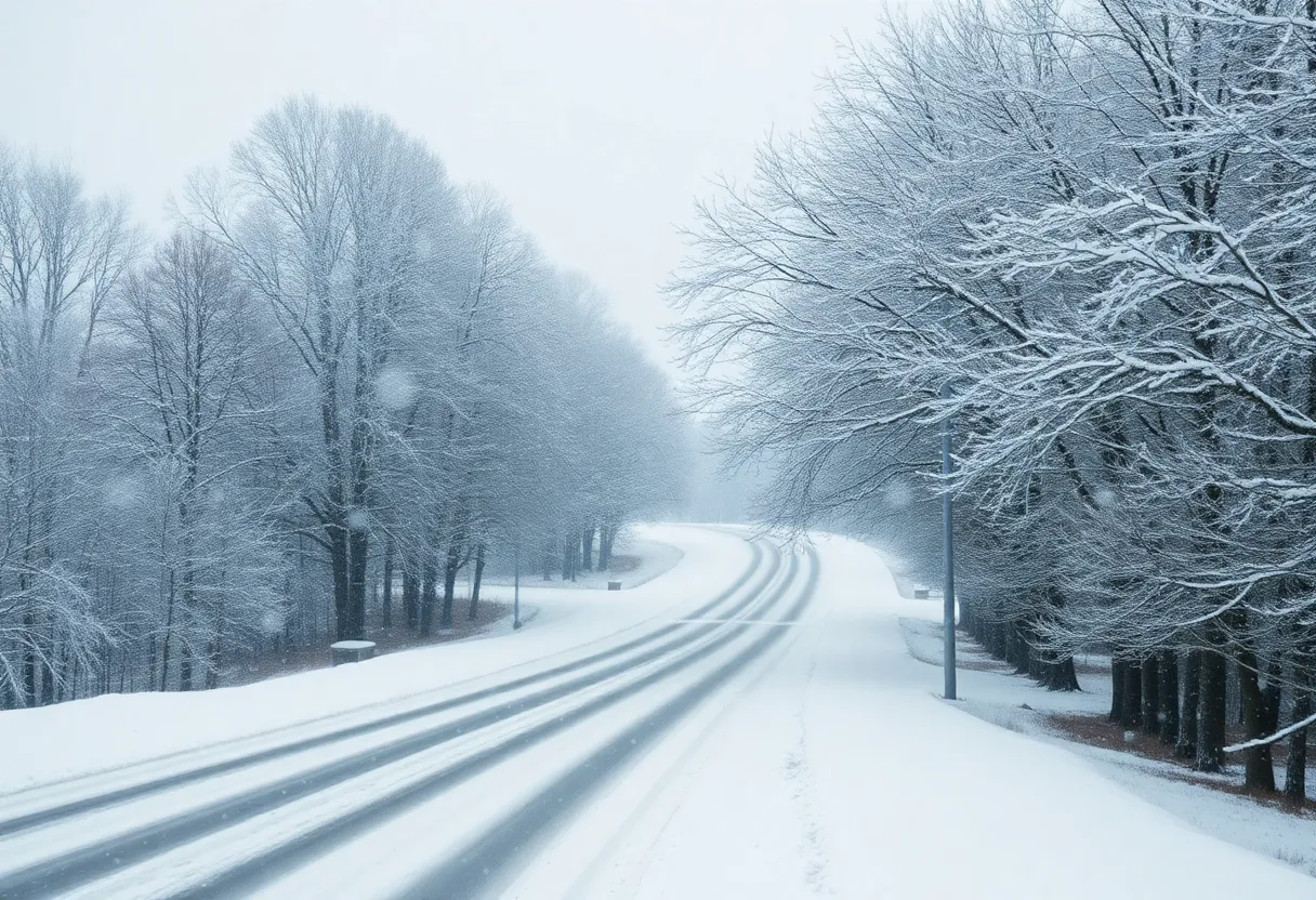 Snow-covered street in Metro Detroit during winter weather advisory