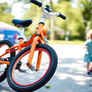 A vibrant Woom children's bike in an outdoor setting with children playing.