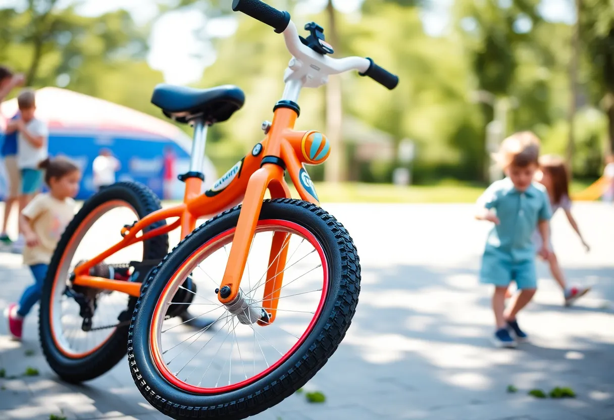 A vibrant Woom children's bike in an outdoor setting with children playing.