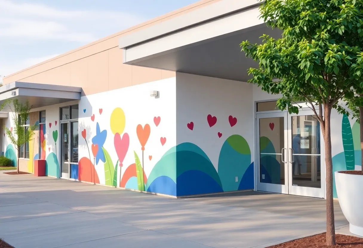 Exterior view of the renovated Ypsilanti Health Center with murals and windows.