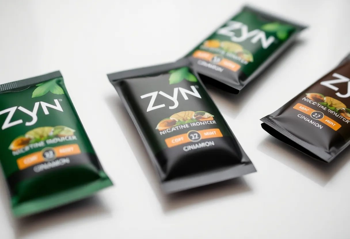 Various flavors of Zyn nicotine pouches on a white background