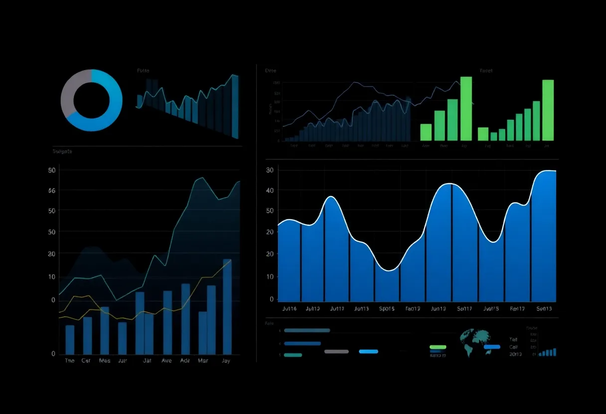 Graphs and charts depicting digital data analysis trends.