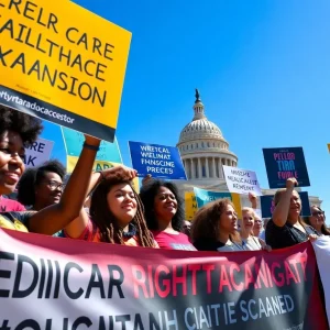 Advocates at a state capitol rally for Medicaid expansion.