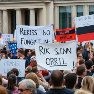 A large crowd protesting against the AfD in Berlin with banners.