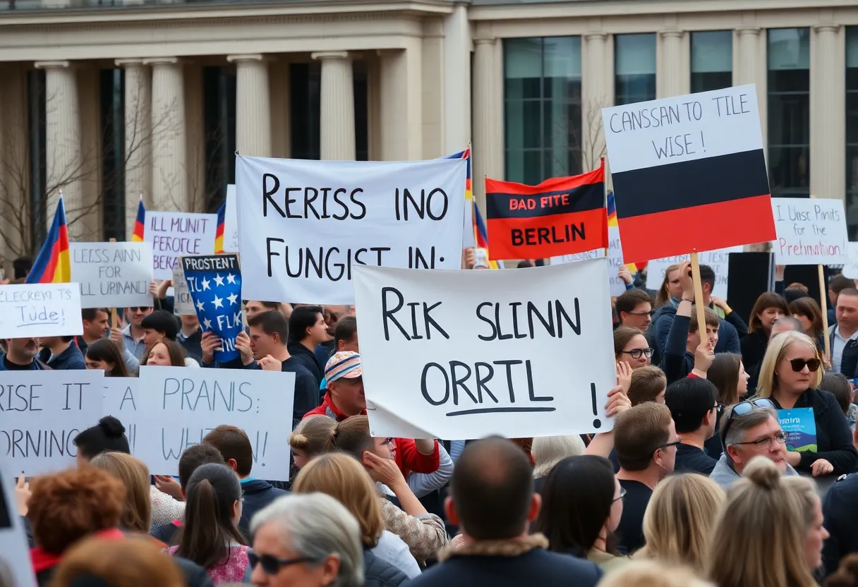 A large crowd protesting against the AfD in Berlin with banners.