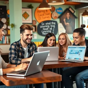 AHSTW students working on social media marketing in a local cafe.