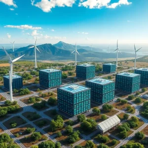 Illustration of data centers with renewable energy sources