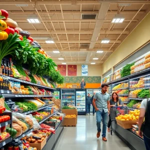 Interior of a new Aldi grocery store with fresh produce and shoppers.