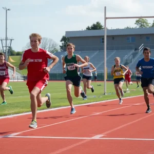 Athletes competing on a high school track field