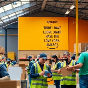 Workers engaged in their tasks at Amazon warehouse in North Carolina