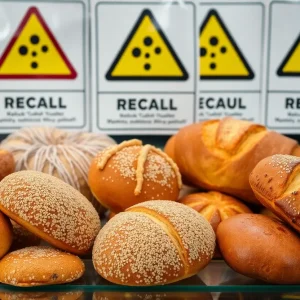 An assortment of baked goods with warning signs indicating a recall