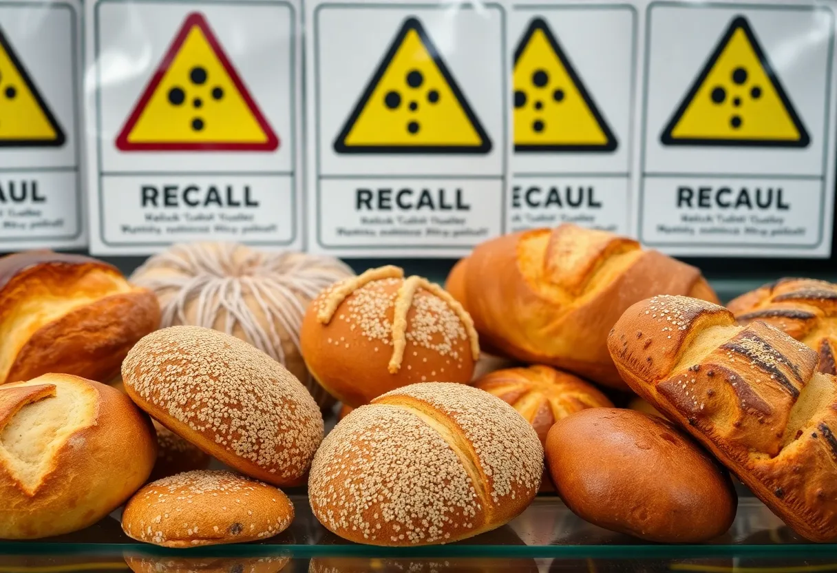 An assortment of baked goods with warning signs indicating a recall