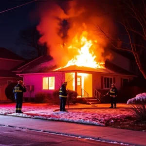 House on fire with first responders at night