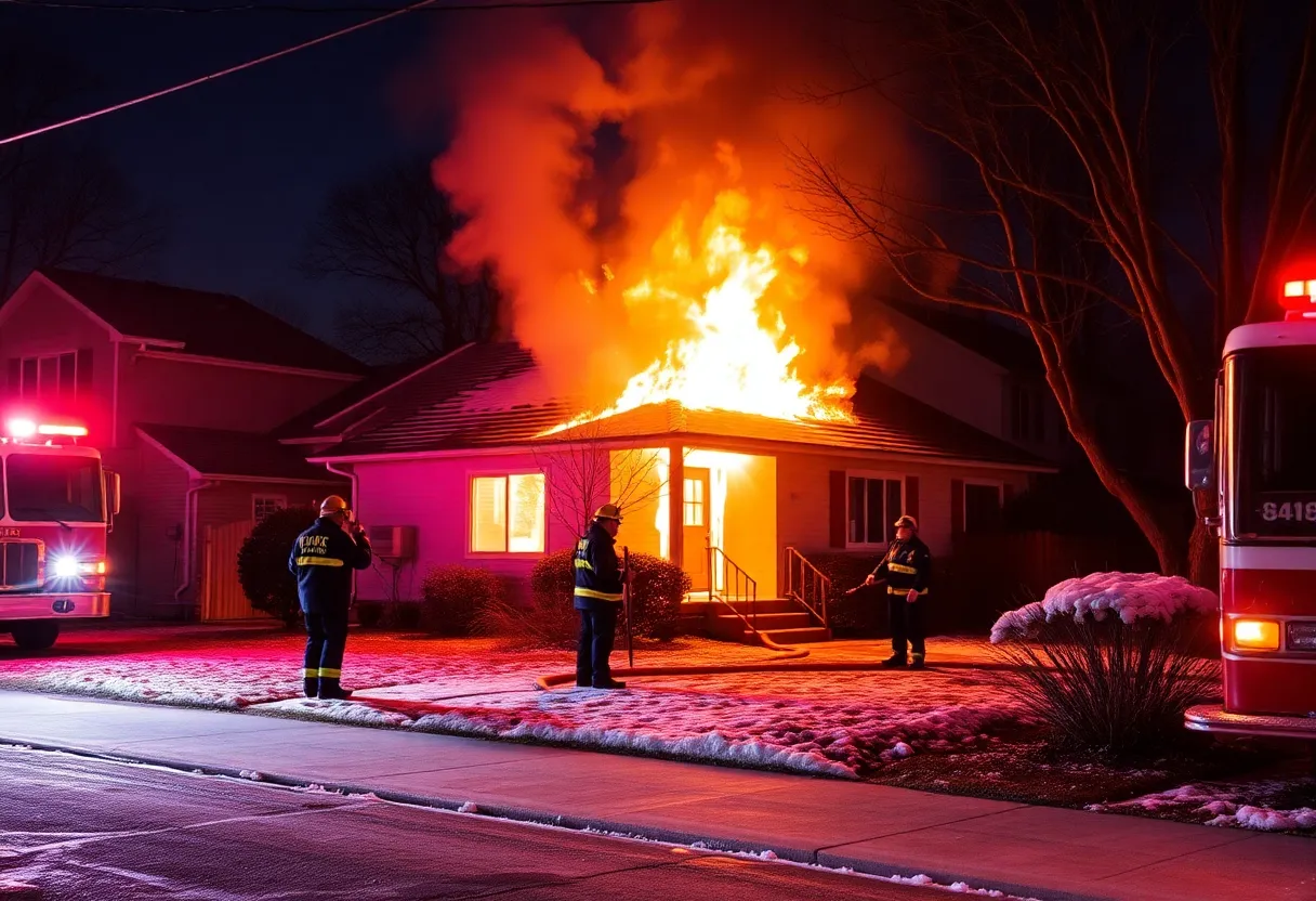 House on fire with first responders at night