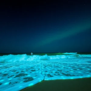 Glowing bioluminescent waves illuminating a beach at night.